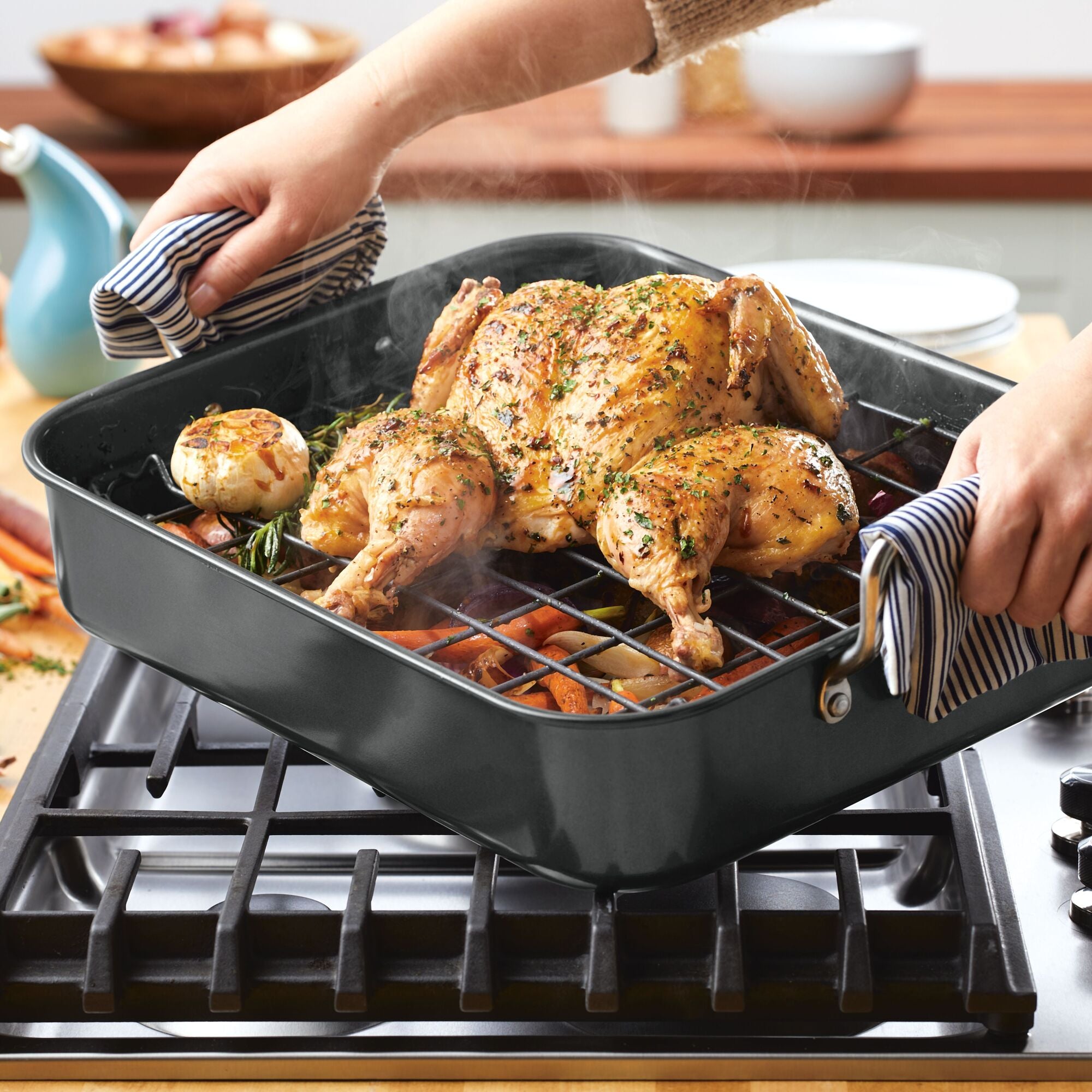 Rachael Ray Bakeware Nonstick Roaster/Roasting Pan with Reversible Rack,  16.5 Inch x 13.5 Inch, Gray
