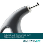 Close-up of a gray ceramic oil bottle with a pouring spout, Rachael Ray logo.