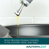 Oil being poured into a pan from a spout.