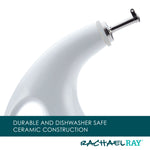 White ceramic oil bottle with pour spout, labeled Rachael Ray.