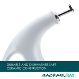 White ceramic oil bottle with pour spout, labeled Rachael Ray.