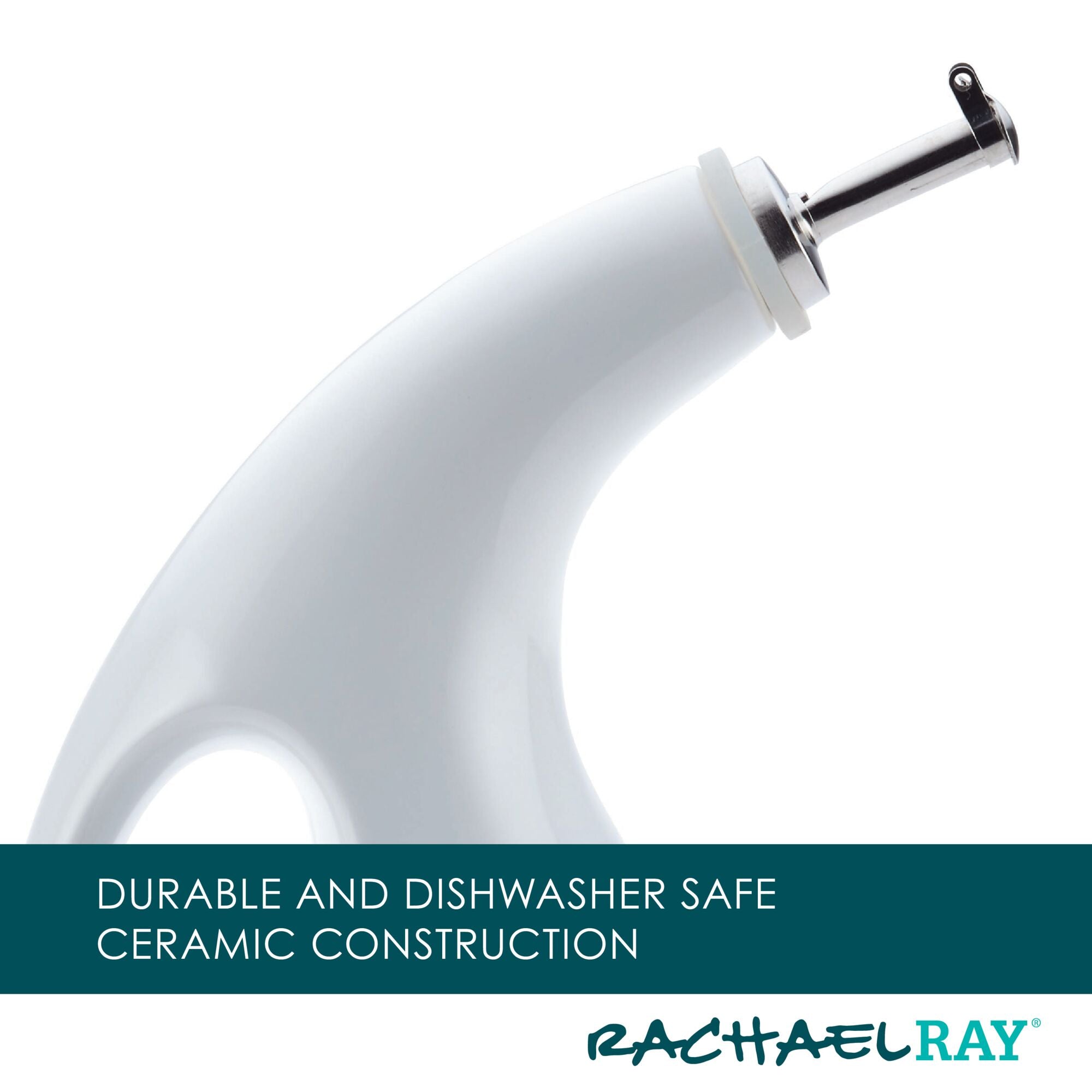 White ceramic oil bottle with pour spout, labeled Rachael Ray.