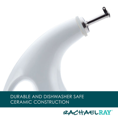 White ceramic oil bottle with pour spout, labeled Rachael Ray.