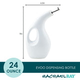 White curved 24 oz. EVOO dispensing bottle with dimensions.