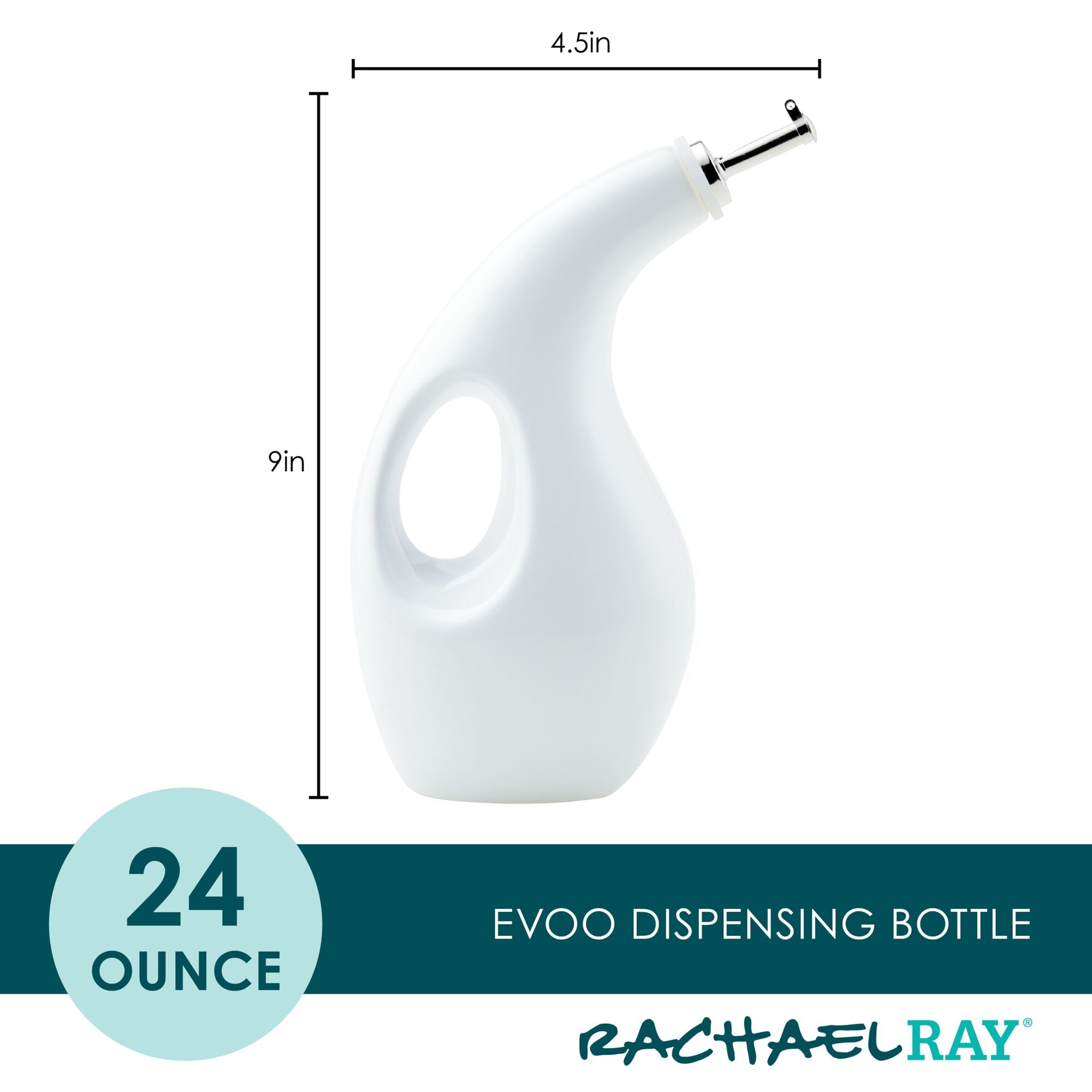 White curved 24 oz. EVOO dispensing bottle with dimensions.