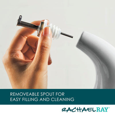 Hand holding a removable spout above a container with Rachael Ray branding.