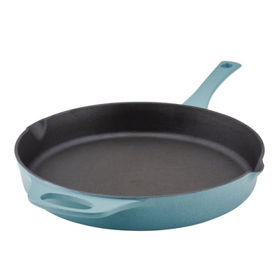 Blue cast iron skillet with a handle, viewed from above.