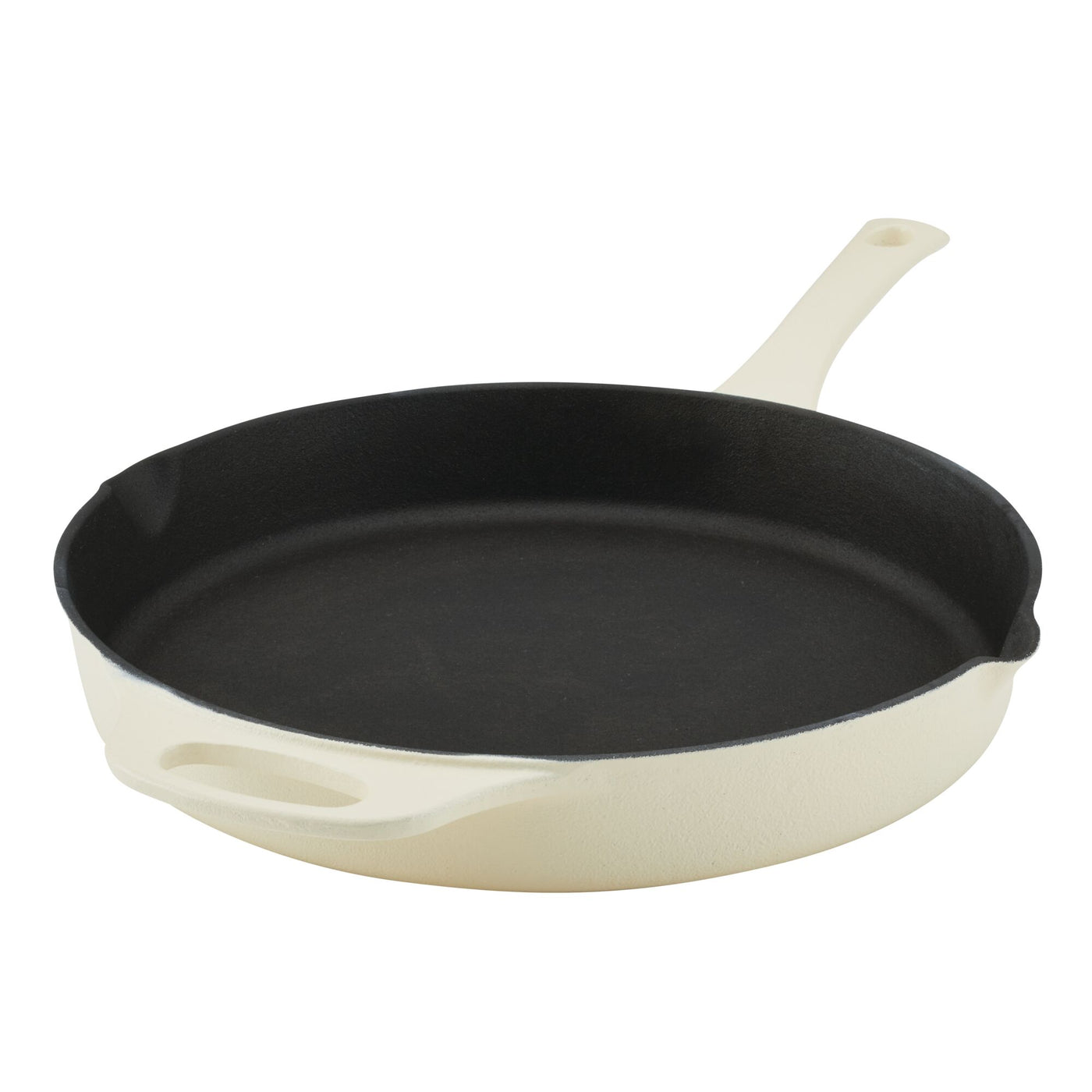White and black cast iron skillet with a handle on a plain white background.