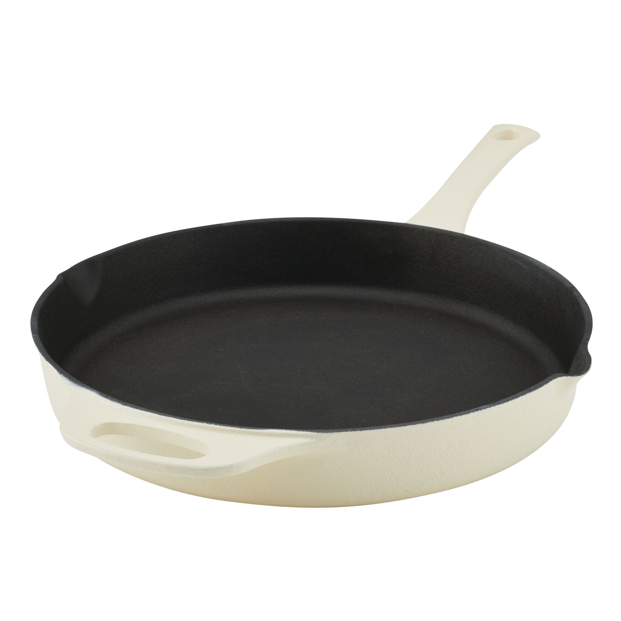White and black cast iron skillet with a handle on a plain white background.