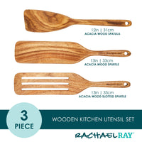 Three-piece acacia wood kitchen utensil set: spatula, spurtle, slotted spurtle.
