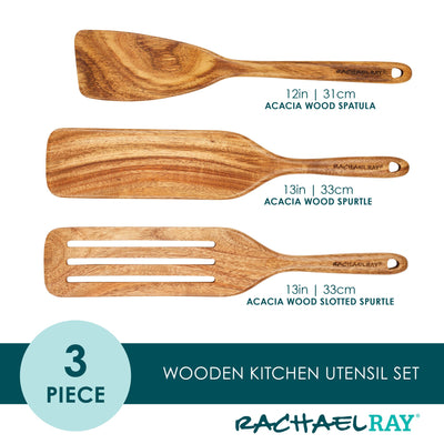 Three-piece acacia wood kitchen utensil set: spatula, spurtle, slotted spurtle.