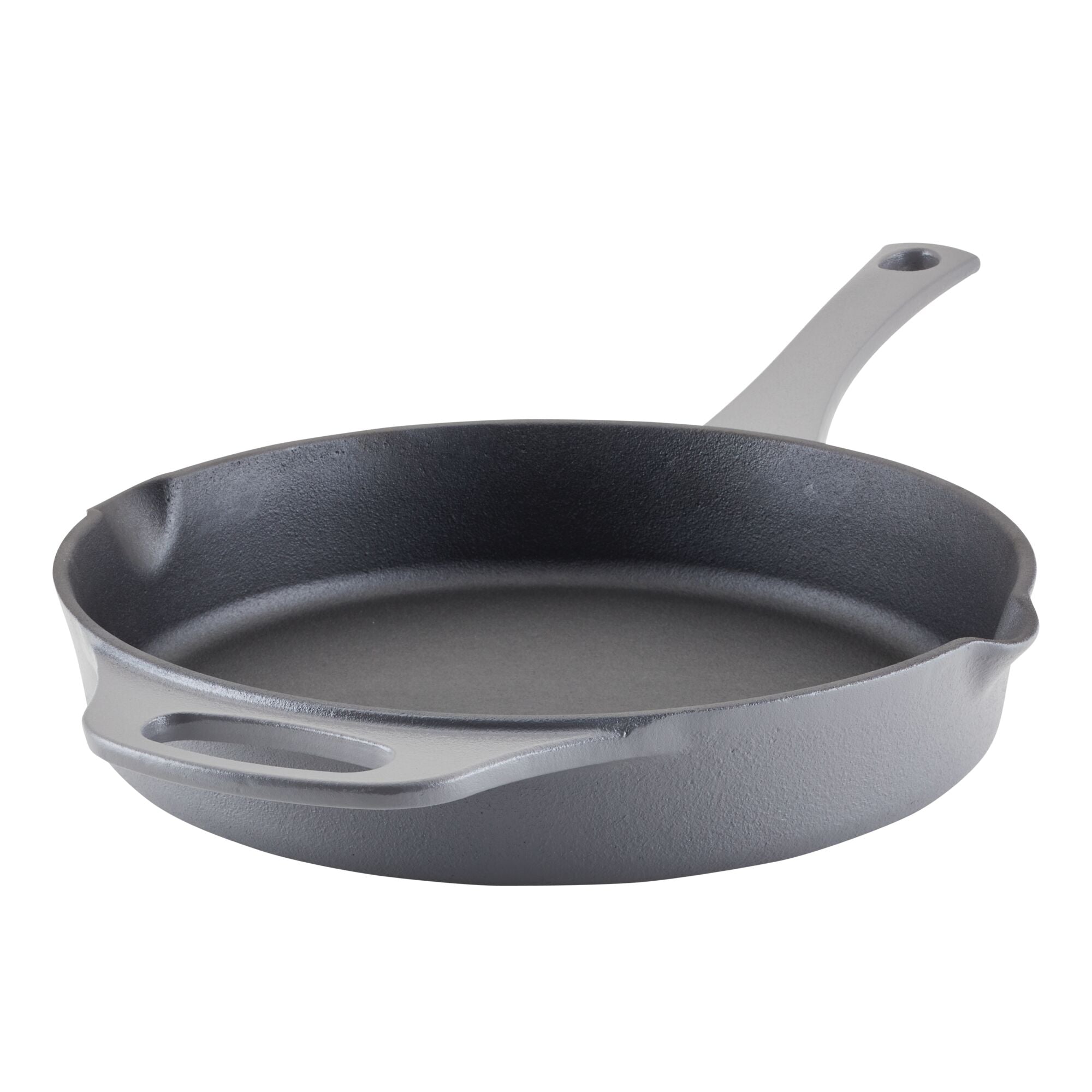 Cast iron skillet with a handle, featuring a pouring spout on each side.