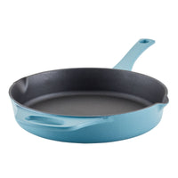 Blue cast iron skillet with a handle, isolated on a white background.