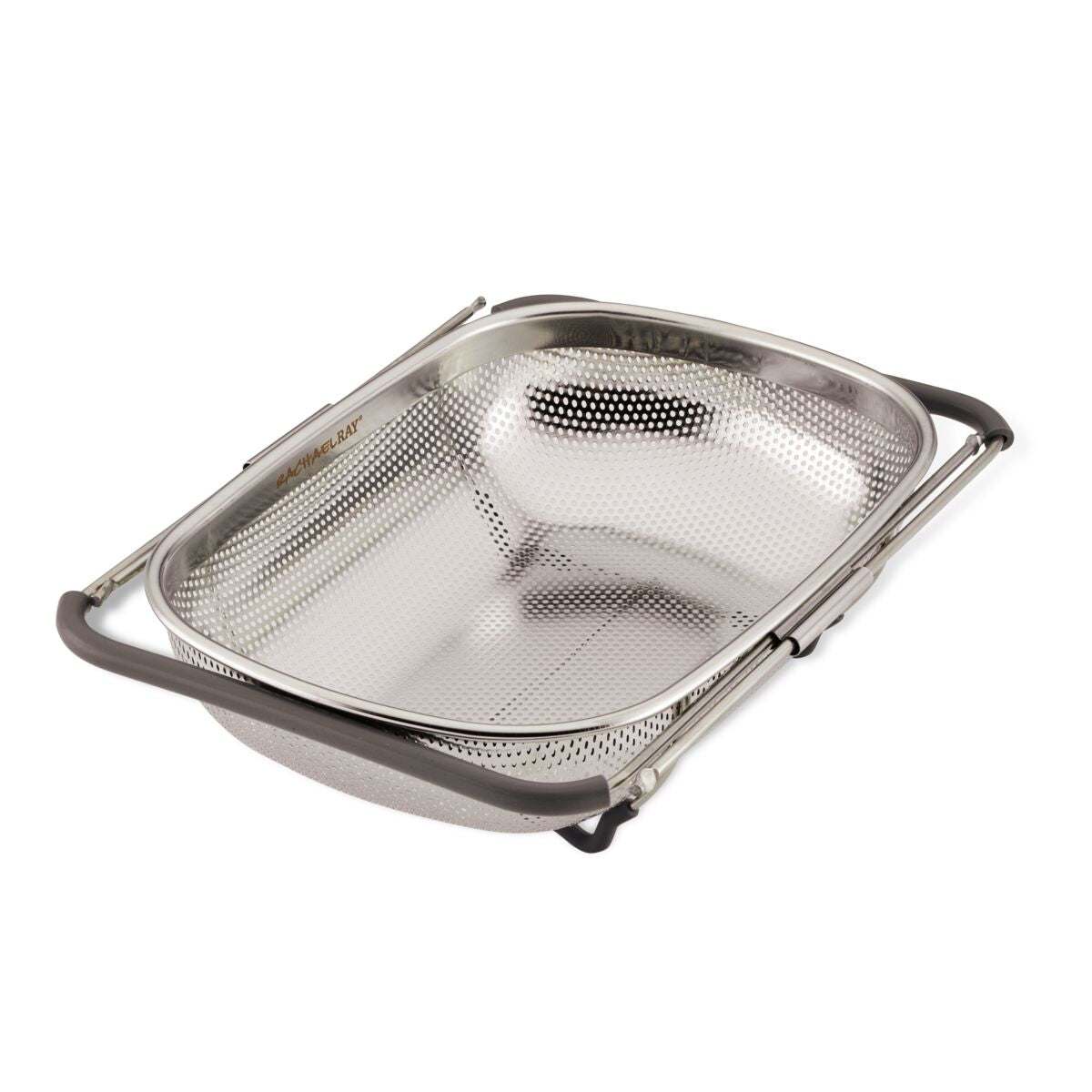 4.5 Quart Over-the-Sink Colander with rectangular stainless steel design, expandable arms, and black handles—ideal for your kitchen sink.