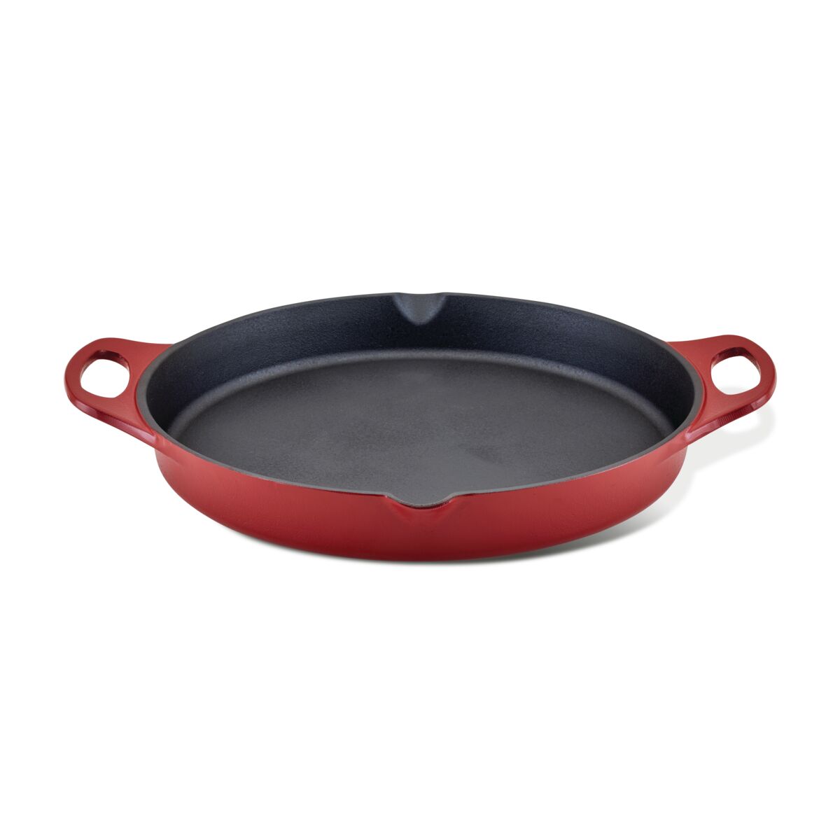 The 14-Inch NITRO Cast Iron Skillet is a vibrant red piece featuring two sturdy handles. Oven safe and induction ready, it offers style and versatility to your kitchen, set against a crisp white background.