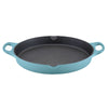 The 14-Inch NITRO Cast Iron Skillet by Rachael Ray features a beautiful turquoise finish and dual handles, making it suitable for induction cooking and oven use.