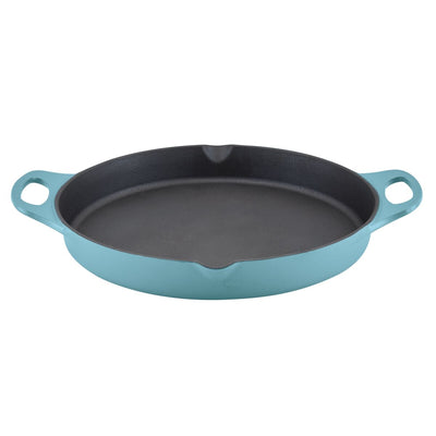 The 14-Inch NITRO Cast Iron Skillet by Rachael Ray features a beautiful turquoise finish and dual handles, making it suitable for induction cooking and oven use.