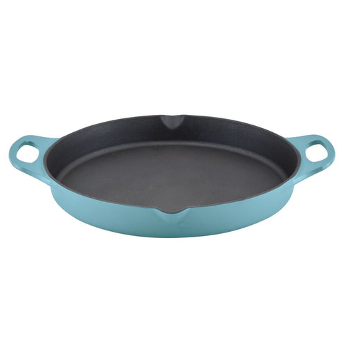 The 14-Inch NITRO Cast Iron Skillet by Rachael Ray features a beautiful turquoise finish and dual handles, making it suitable for induction cooking and oven use.