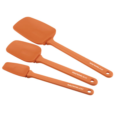 Three orange silicone spatulas of different sizes with brand name on handles.