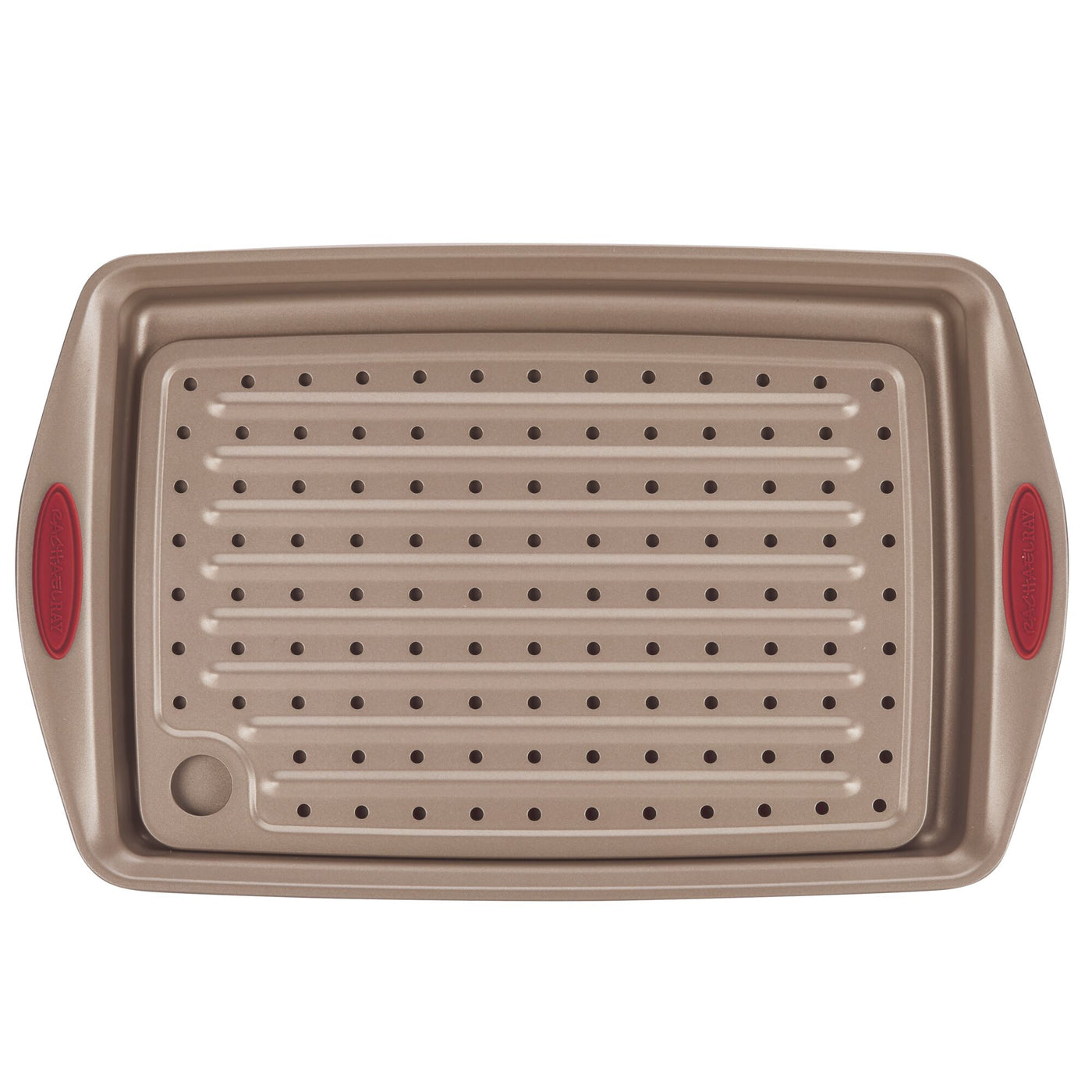 A perforated baking sheet with handles and a drain spout.
