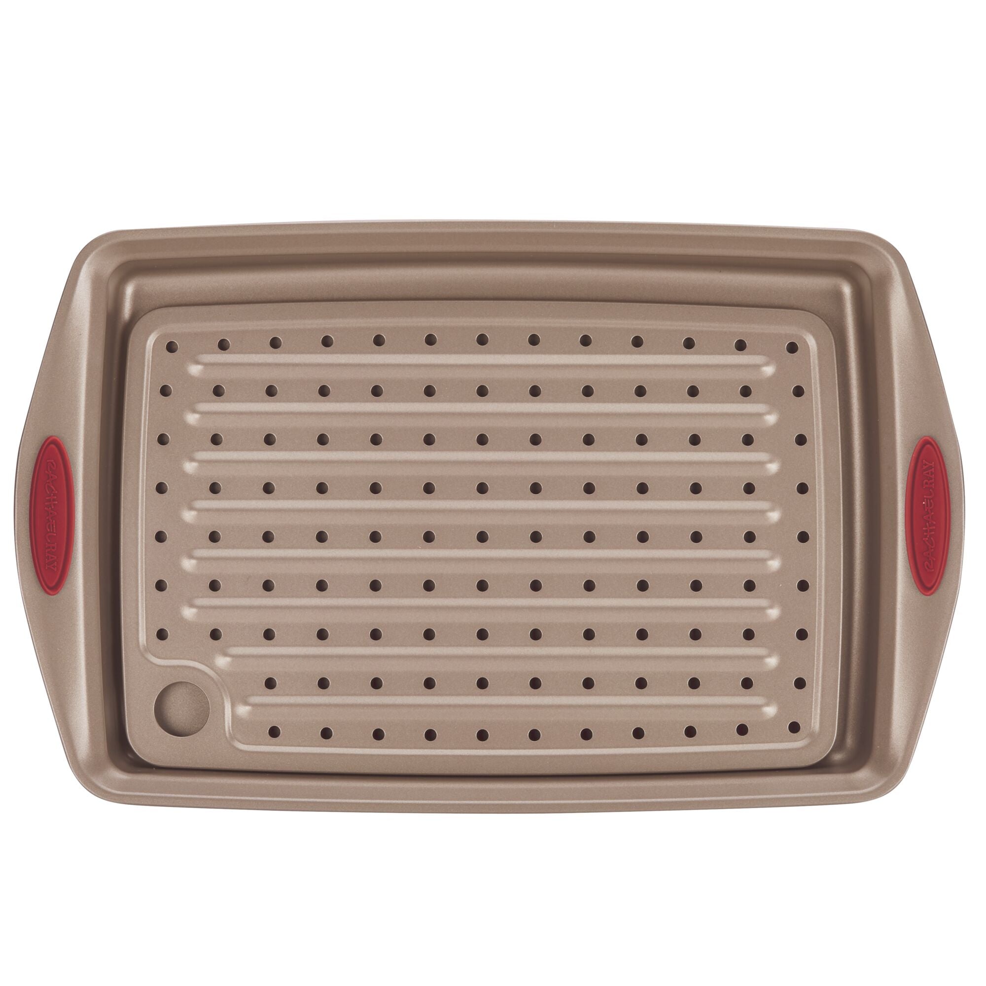 A perforated baking sheet with handles and a drain spout.