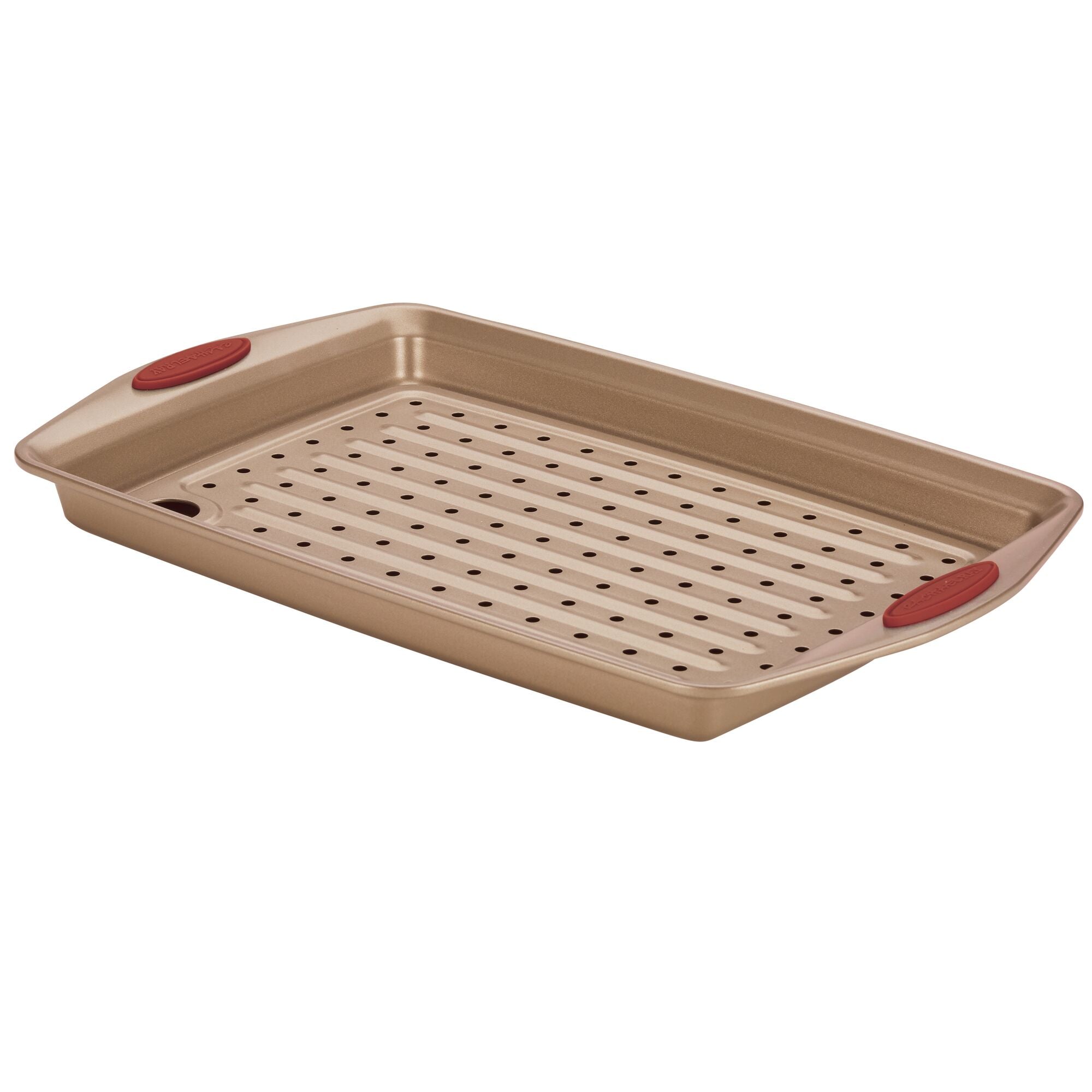 Gold baking tray with red handles and perforated base.