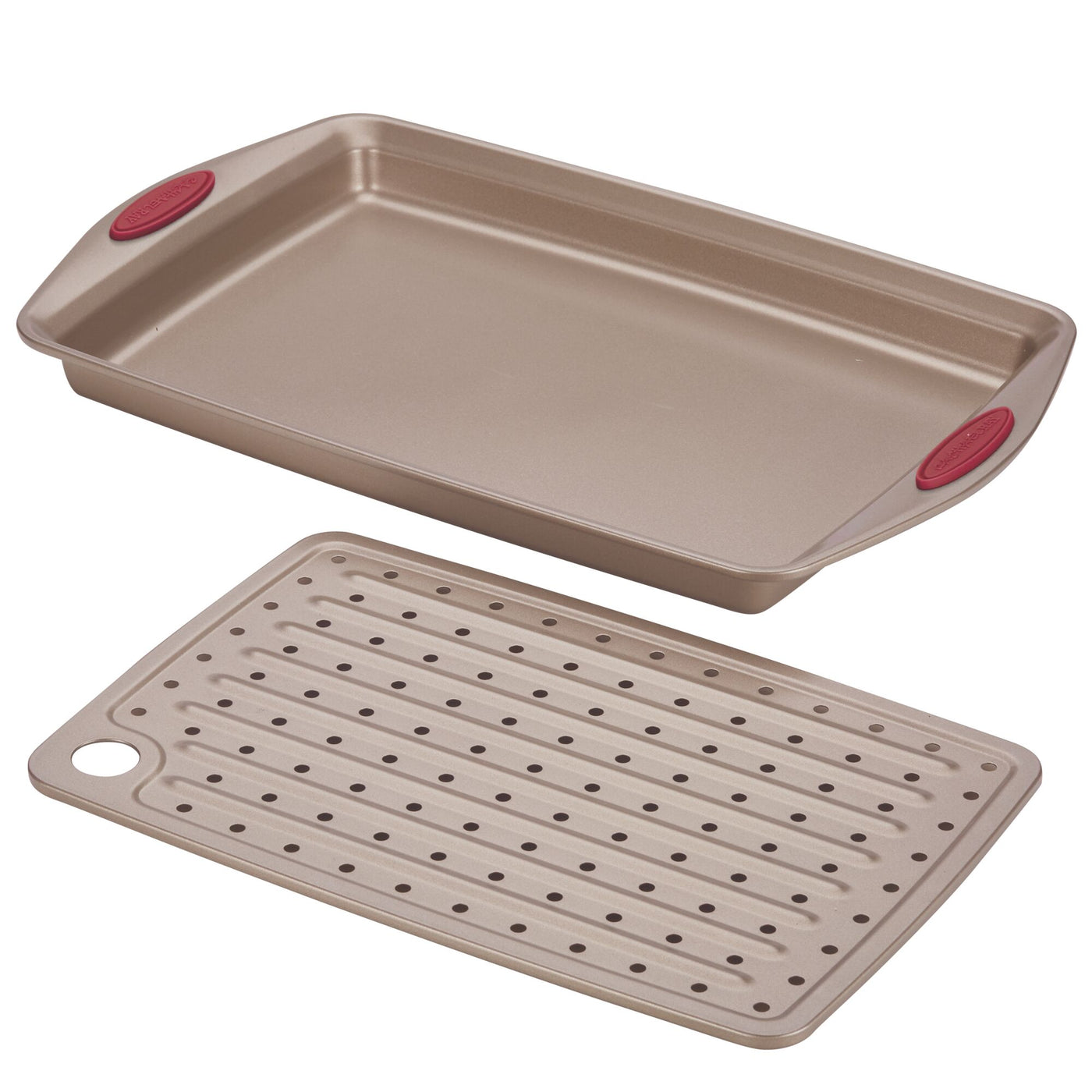 Baking tray with a perforated insert, featuring red grips.