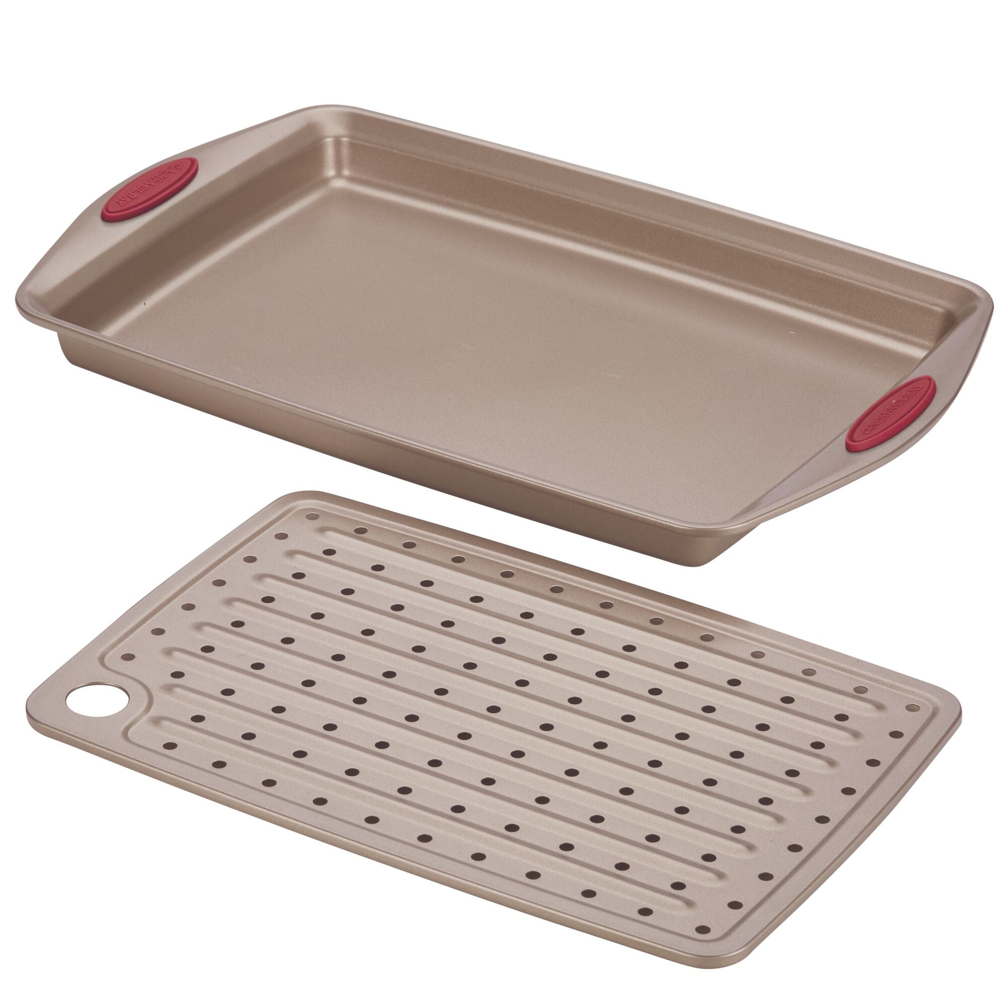 Baking tray with a perforated insert, featuring red grips.