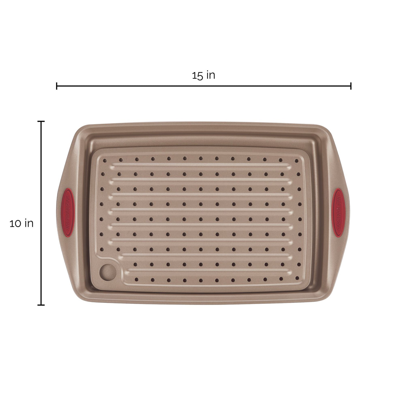 Rectangular baking pan with red handles, 15x10 inches, perforated surface.