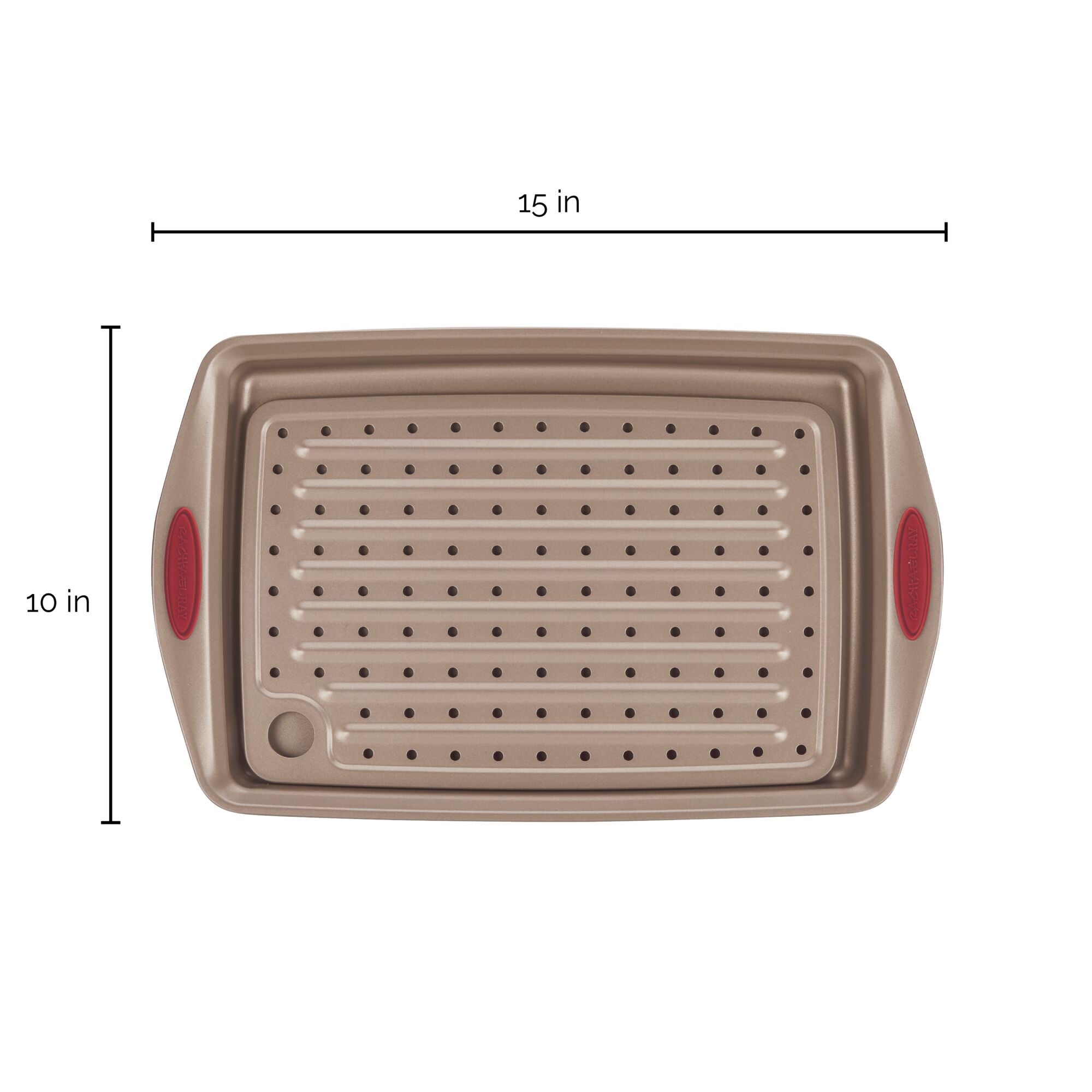 Rectangular baking pan with red handles, 15x10 inches, perforated surface.