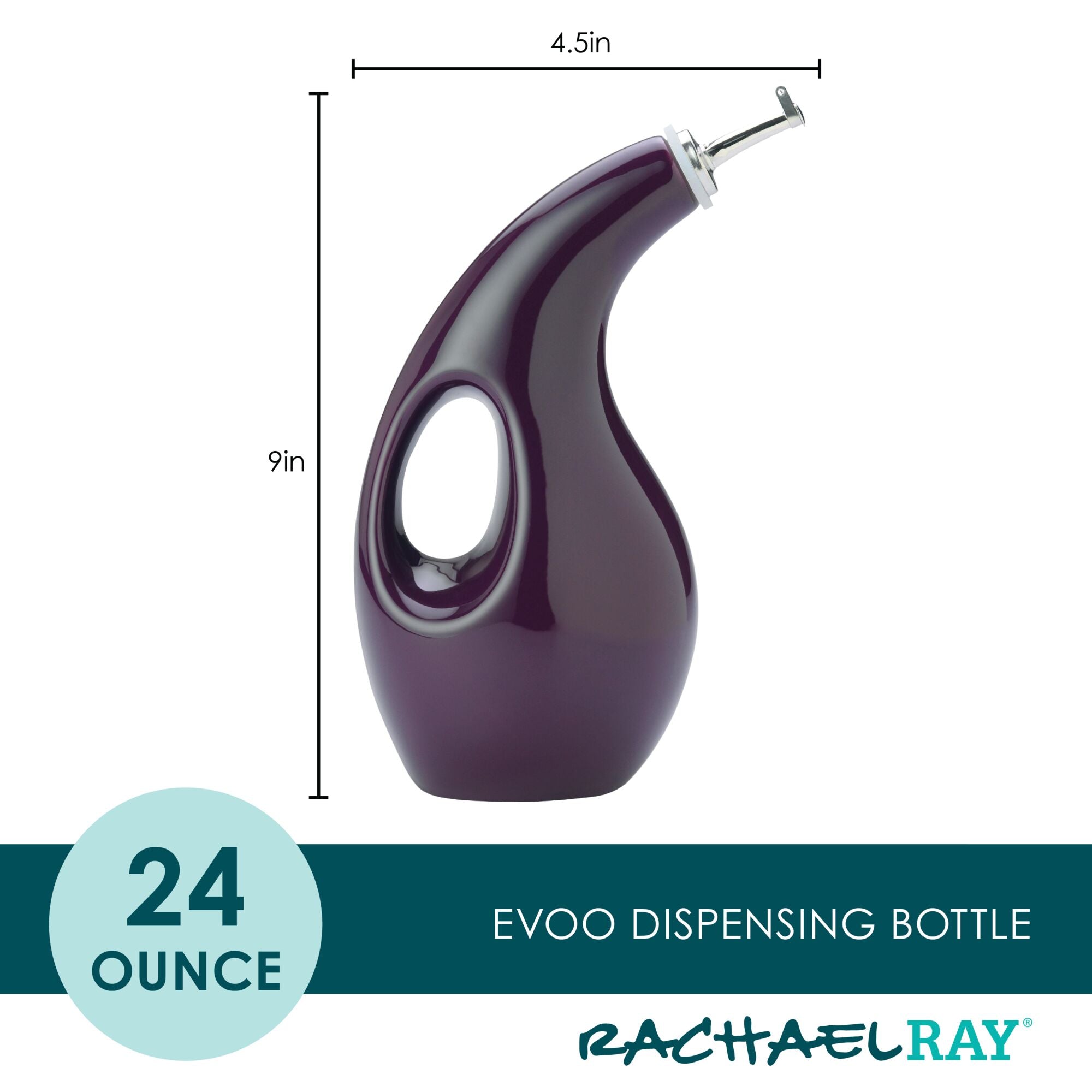 Purple EVOO dispensing bottle, 24 oz, 9 in tall, 4.5 in wide.