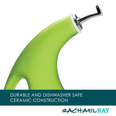 Green ceramic oil dispenser with a sleek handle and metal spout.