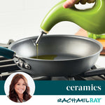 Person pouring oil into a pan; text: "ceramics Rachael Ray".