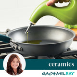 Person pouring oil into a pan; text: "ceramics Rachael Ray".