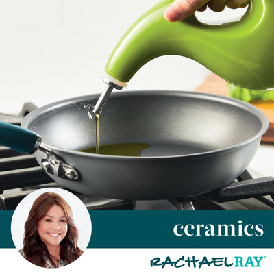 Person pouring oil into a pan; text: "ceramics Rachael Ray".