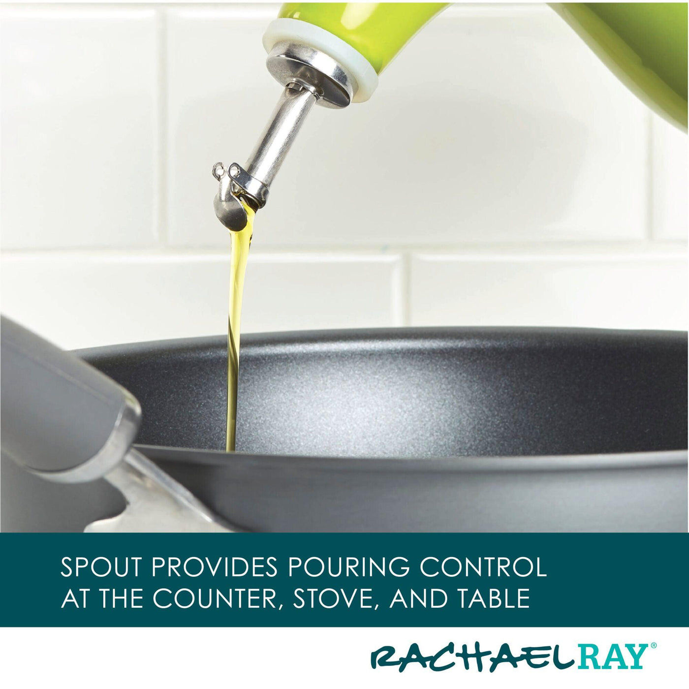 Oil pouring from a green spout into a black pan.