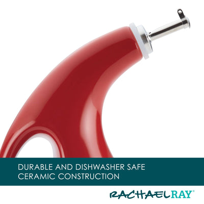 Red ceramic oil dispenser with a handle and spout.