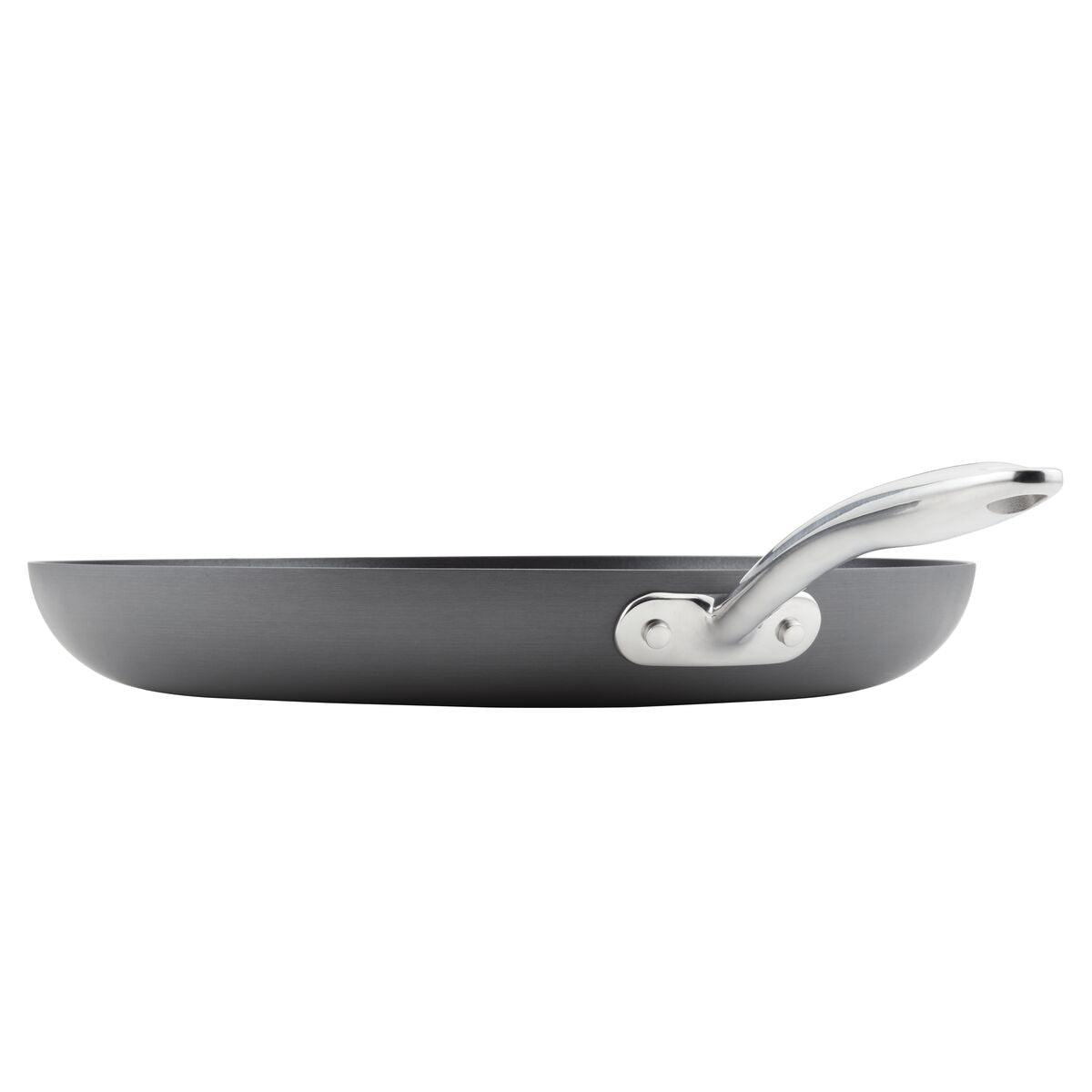 Gray 14-Inch Pro Hard Anodized Nonstick Pan with Stainless Steel Handle.