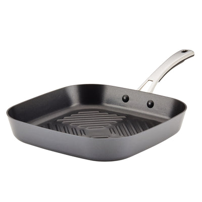 A square non-stick grill pan with a silver handle on a white background.