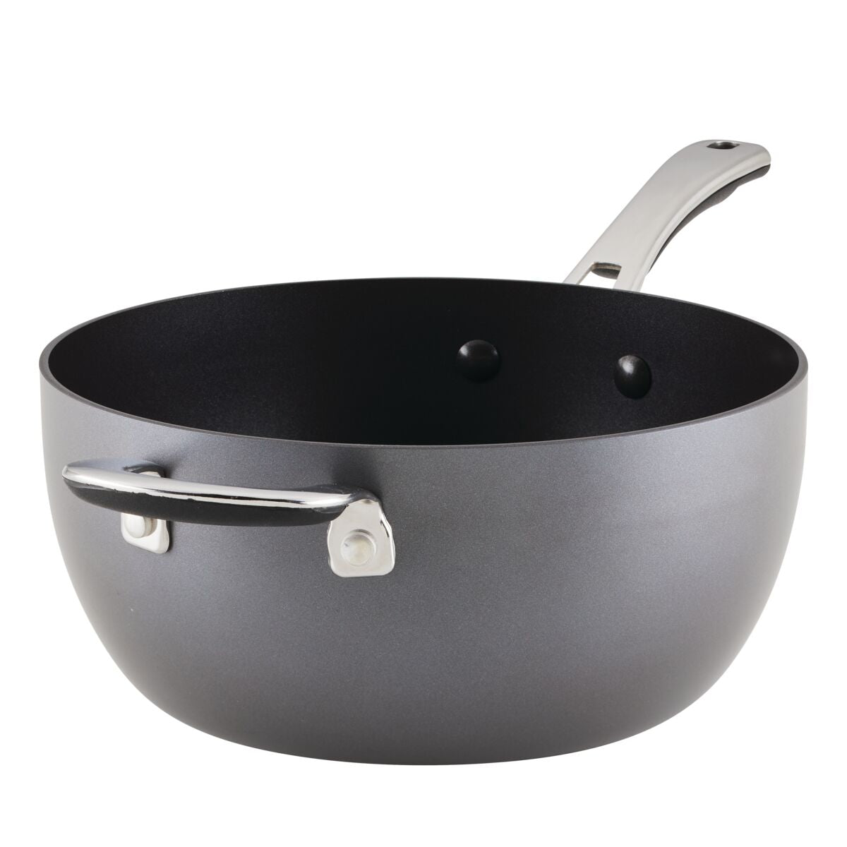 The 4.5-Quart Cook + Create Hard Anodized Nonstick Saucier Pan with Lid and Helper Handle showcases a sophisticated grey non-stick surface paired with a silver handle. Its triple-layer nonstick coating ensures oven safety up to 400°F, offering versatility for any kitchen.