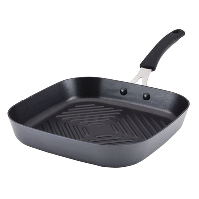 Square grill pan with a black non-stick surface and handle.