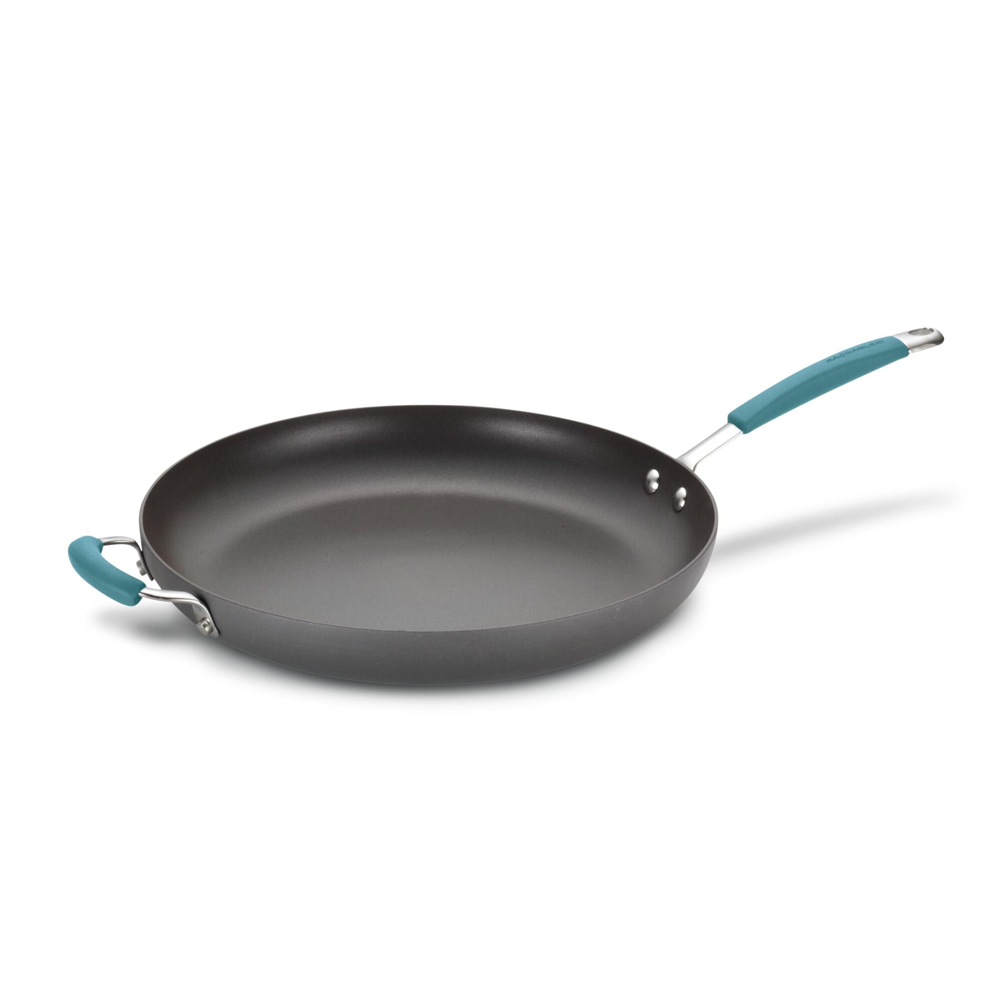 Nonstick frying pan with teal handles against a white background.