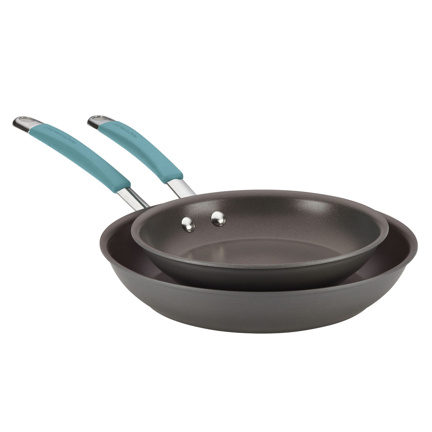 Two non-stick frying pans with light blue handles stacked together.