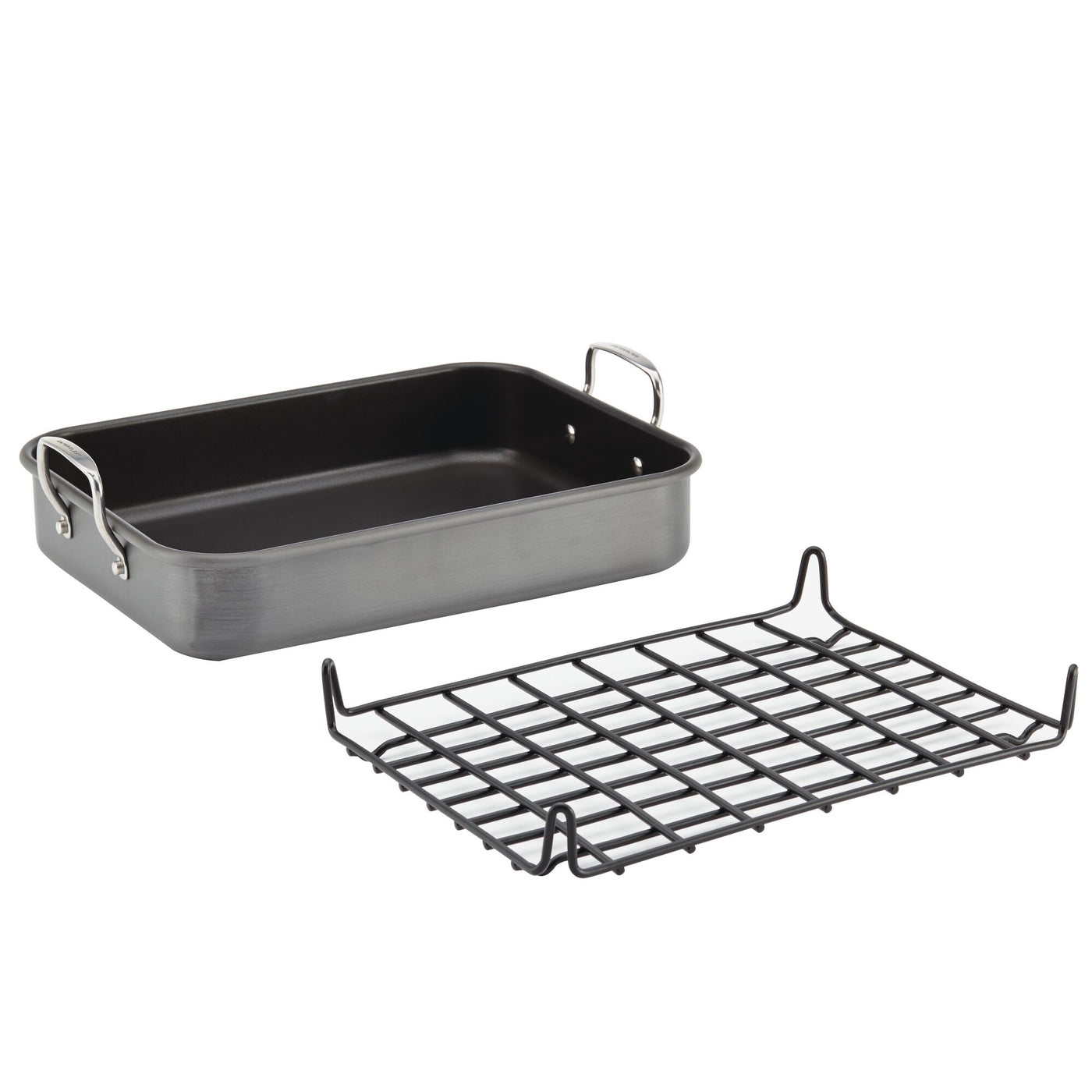 Rectangular roasting pan with detachable metal rack, both gray in color.