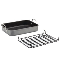 Rectangular roasting pan with detachable metal rack, both gray in color.