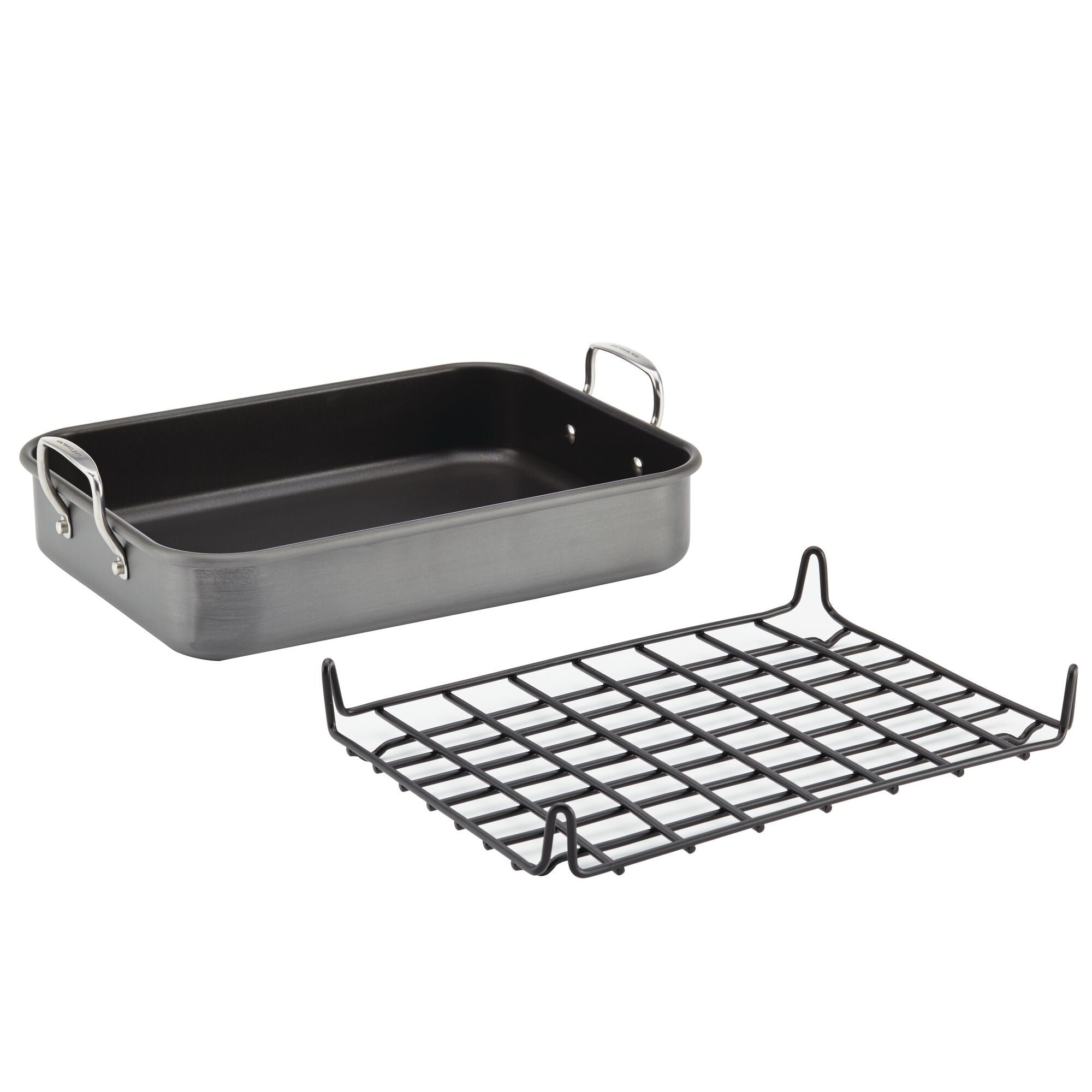 Rectangular roasting pan with detachable metal rack, both gray in color.
