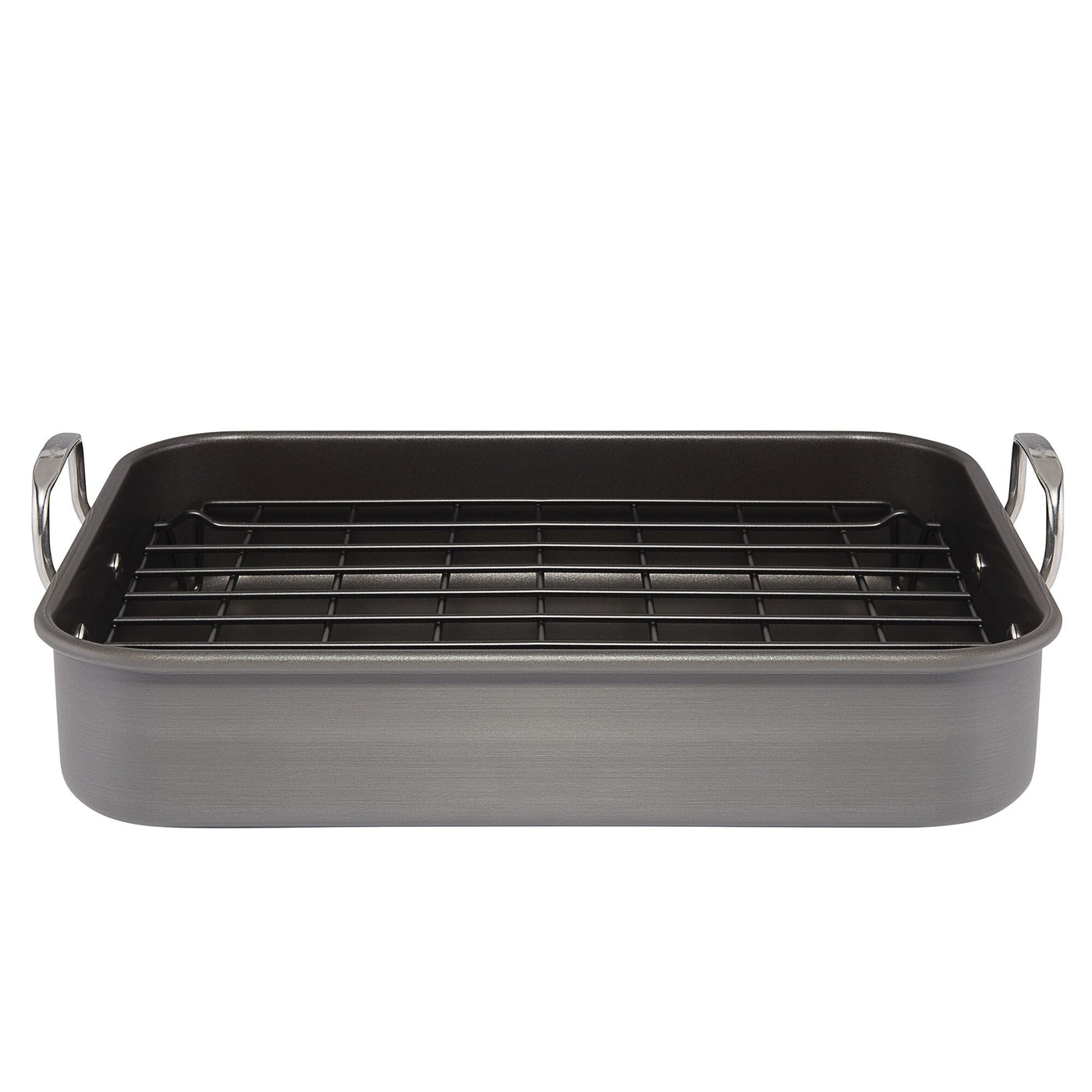 A rectangular roasting pan with a metal rack and side handles.