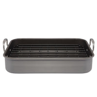 A rectangular roasting pan with a metal rack and side handles.