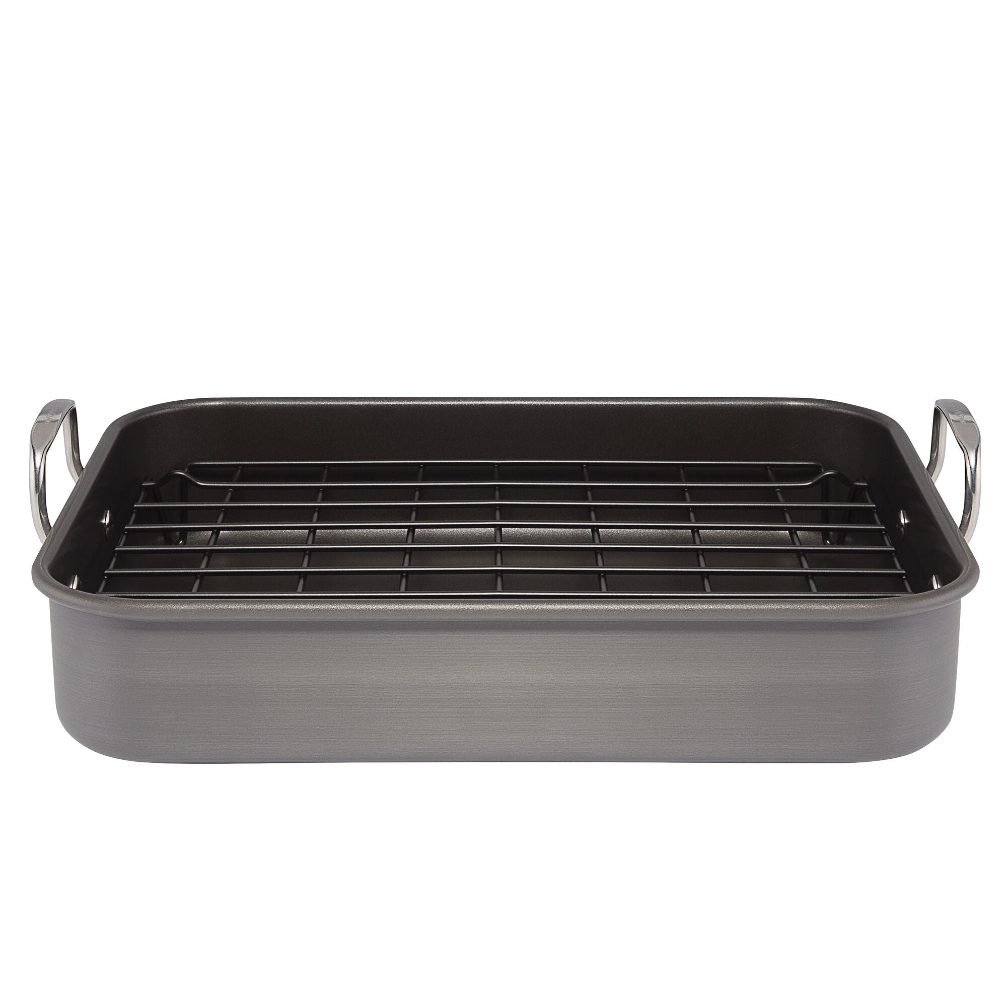 A rectangular roasting pan with a metal rack and side handles.