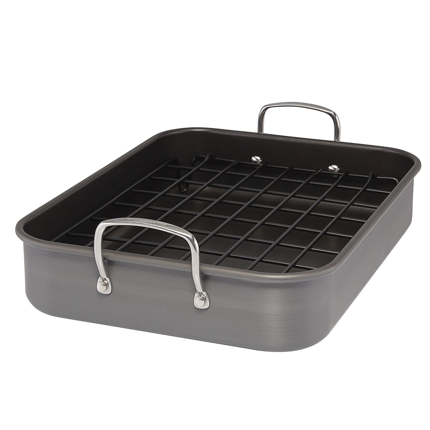 Rectangular roasting pan with metal handles and a removable rack.